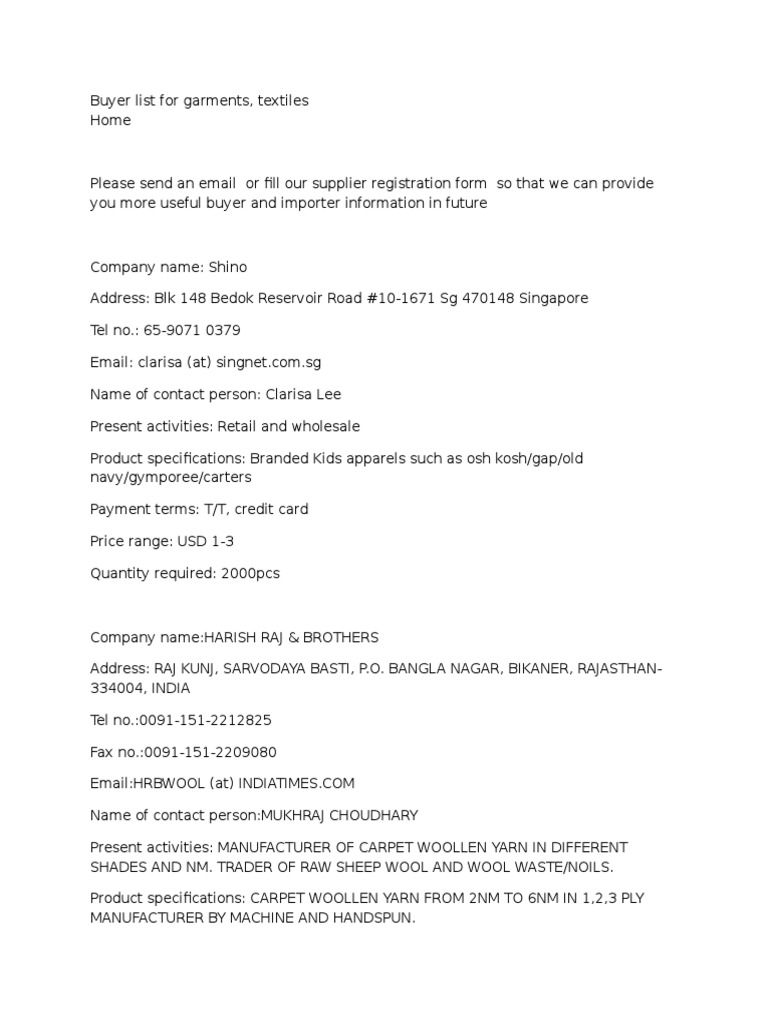 Buyer List For Garments PDF Clothing Industry Clothing