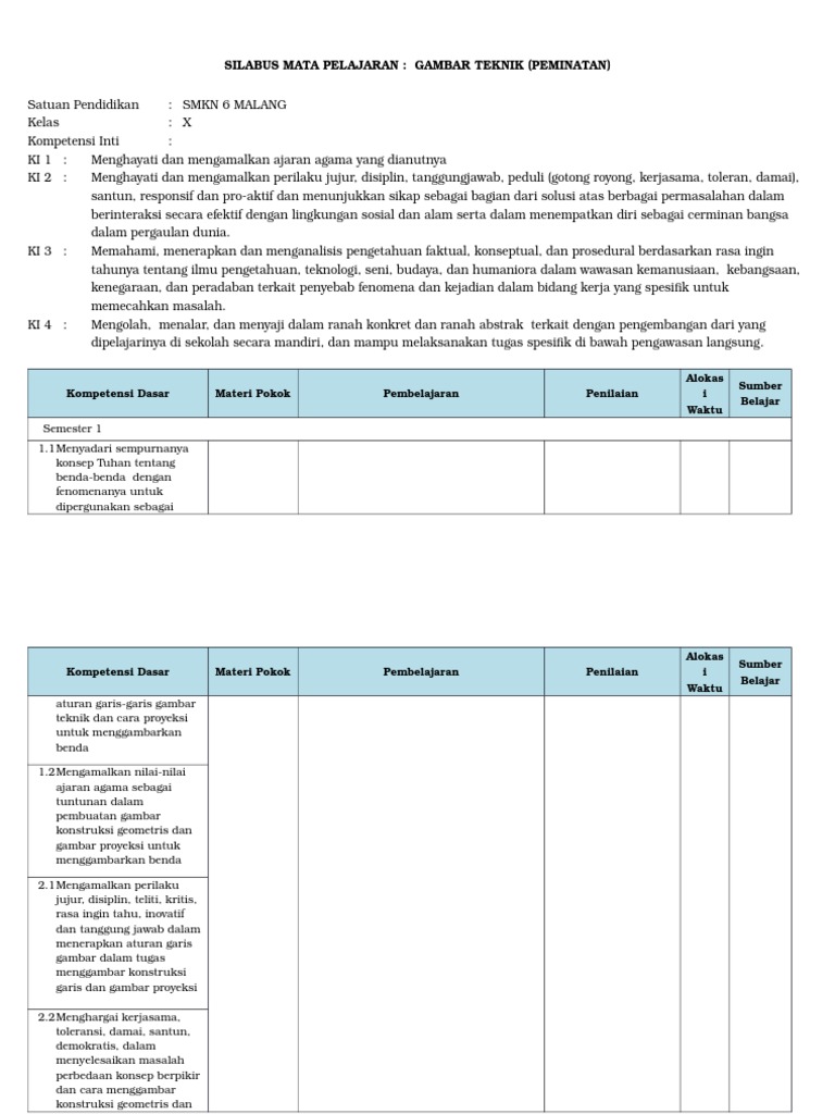 Silabus Gambar Teknik Kelas X Silabus Gambar Teknik Kelas X
