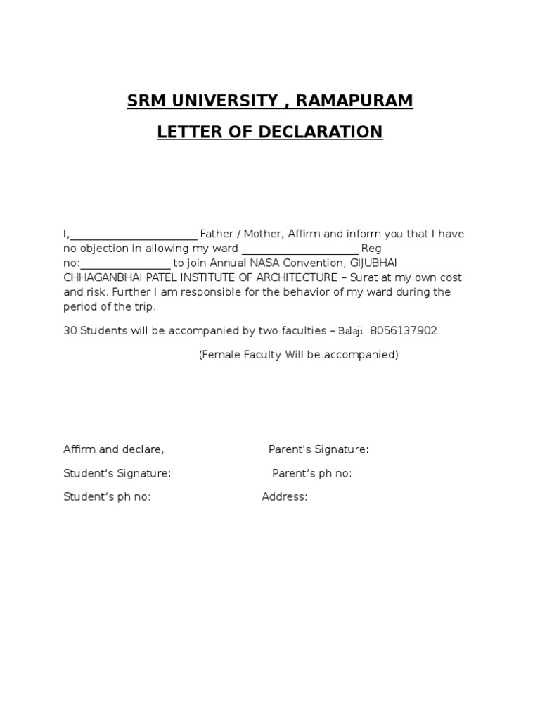 SRM University, Ramapuram Letter of Declaration | PDF