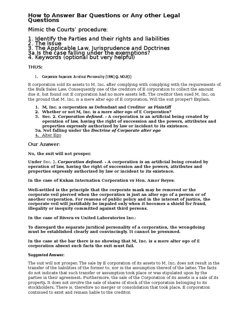 How to Answer Bar Questions or Any Other Legal Questions Corporations
