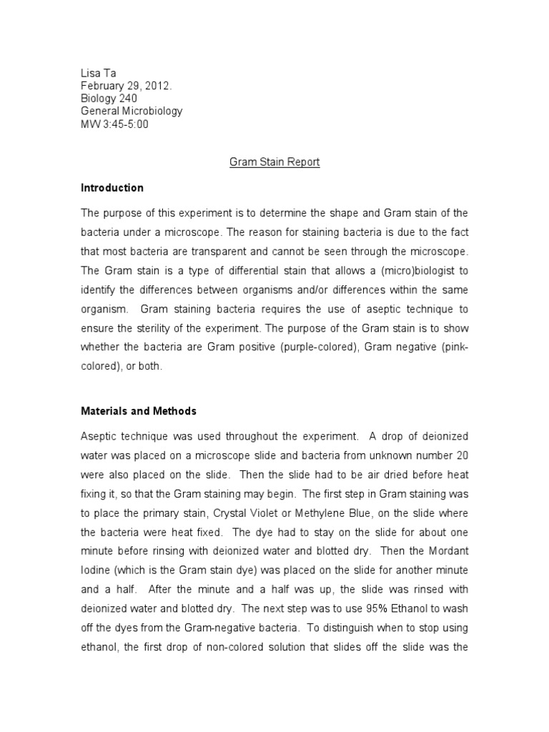 Microbiology Gram Stain Lab Report Pdf Staining Histopathology