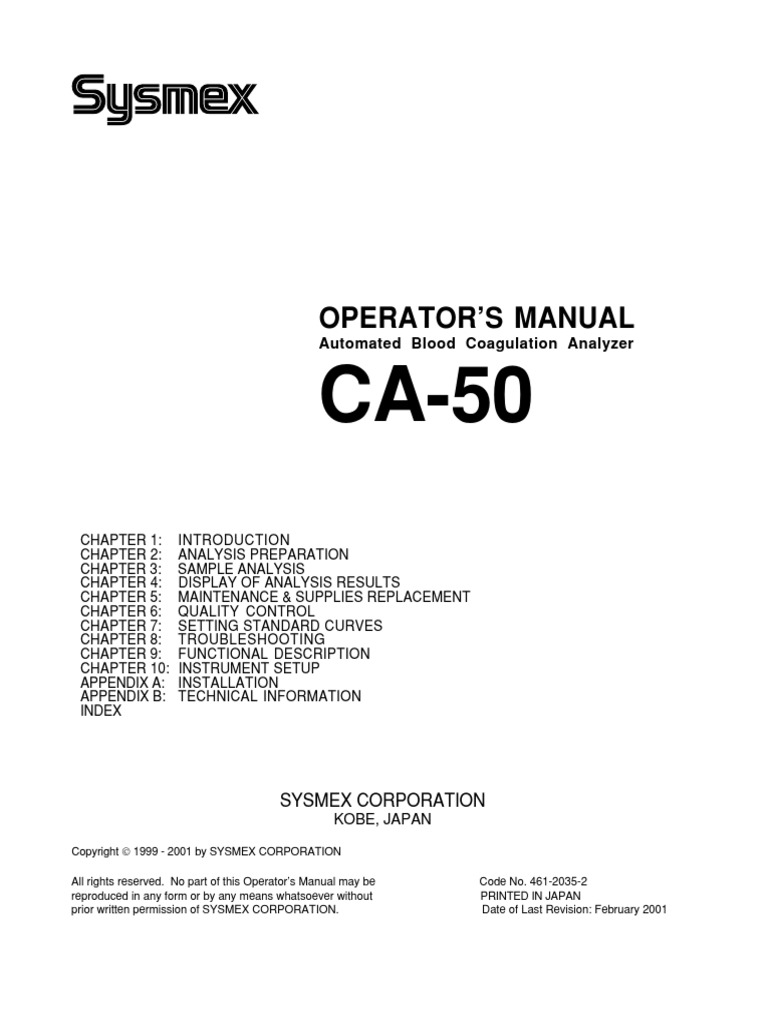 Sysmex CA-50 Blood Coadulation Analyzer - User Manual PDF | PDF ...