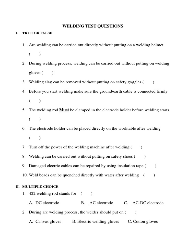 Welding Test Questions PDF