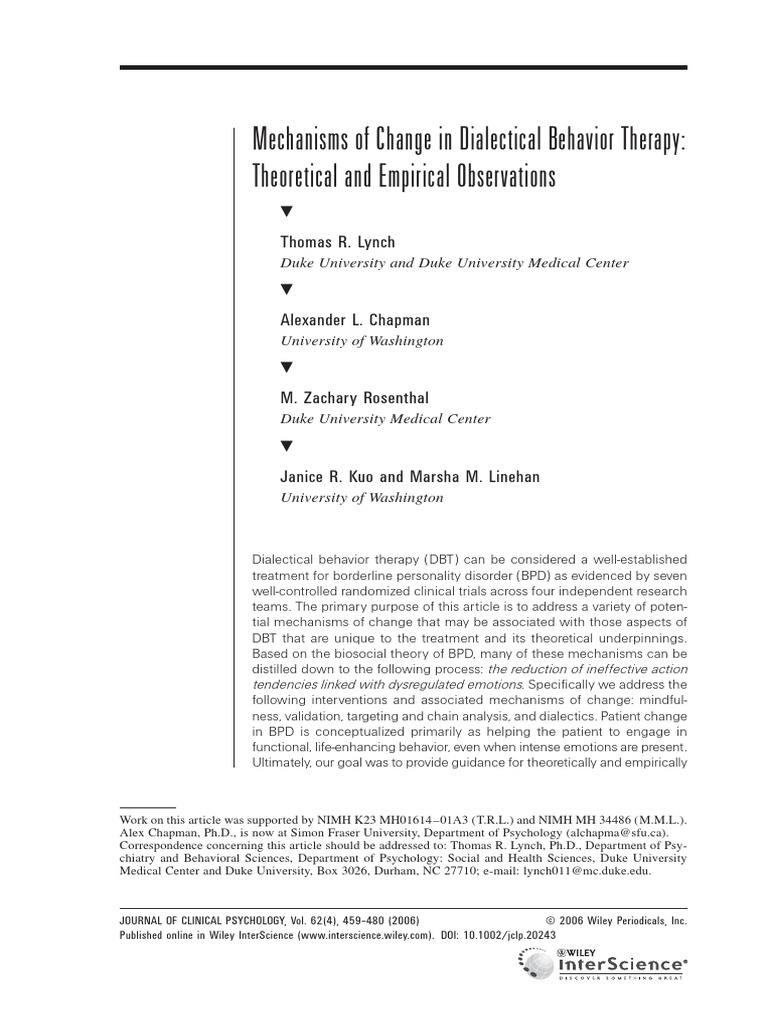 Mechanisms of Change in DBT | PDF | Dialectical Behavior Therapy ...