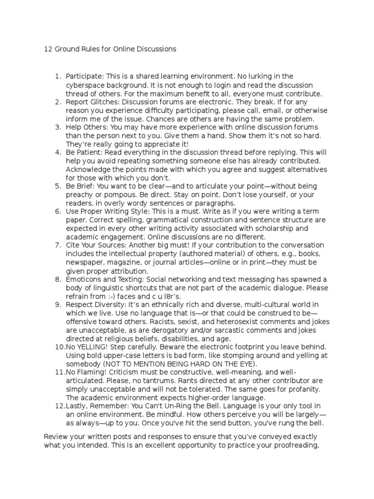 12 Ground Rules For Online Discussions PDF Computer Mediated