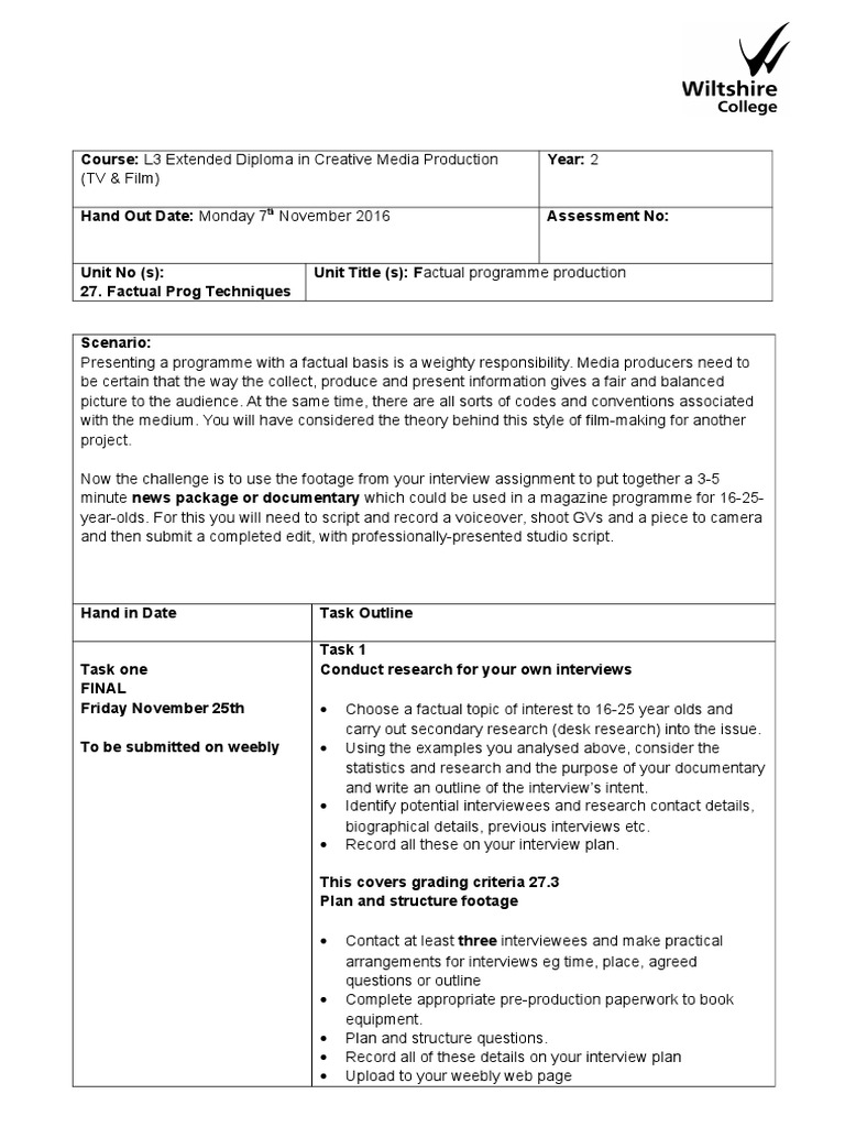Unit 27 Assignment 27  PDF  Interview  Documentary Film