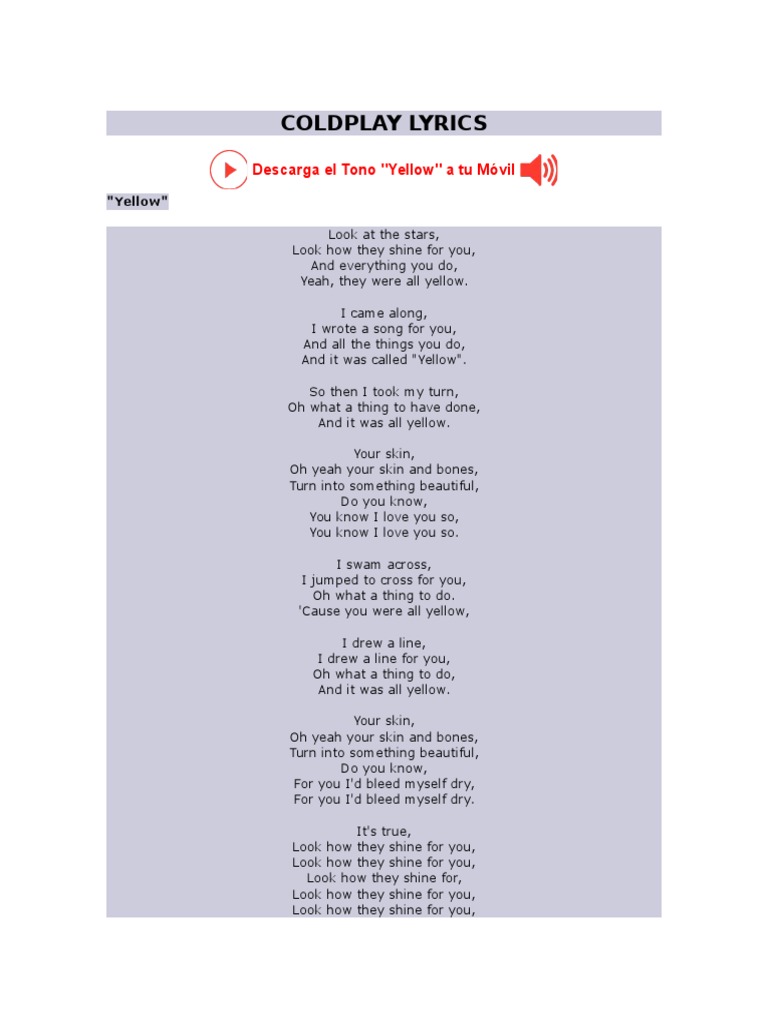 Coldplay - Yellow Lyrics | PDF | Foreign Language Studies | Art