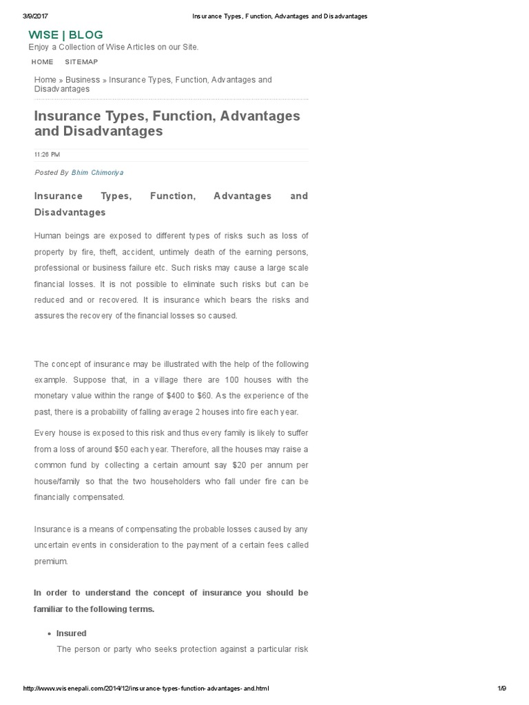 Insurance Types, Function, Advantages and Disadvantages