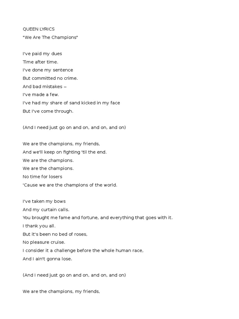 we are the champions lyrics pdf