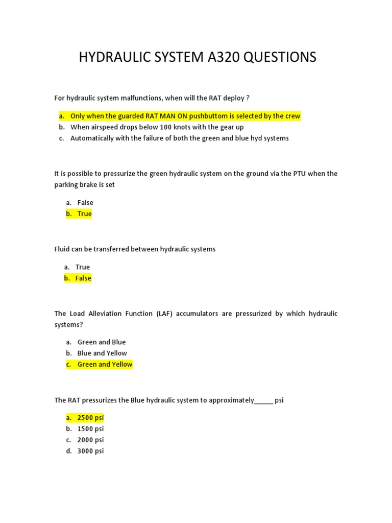 Hydraulic System A320 Questions PDF Landing Gear Brake