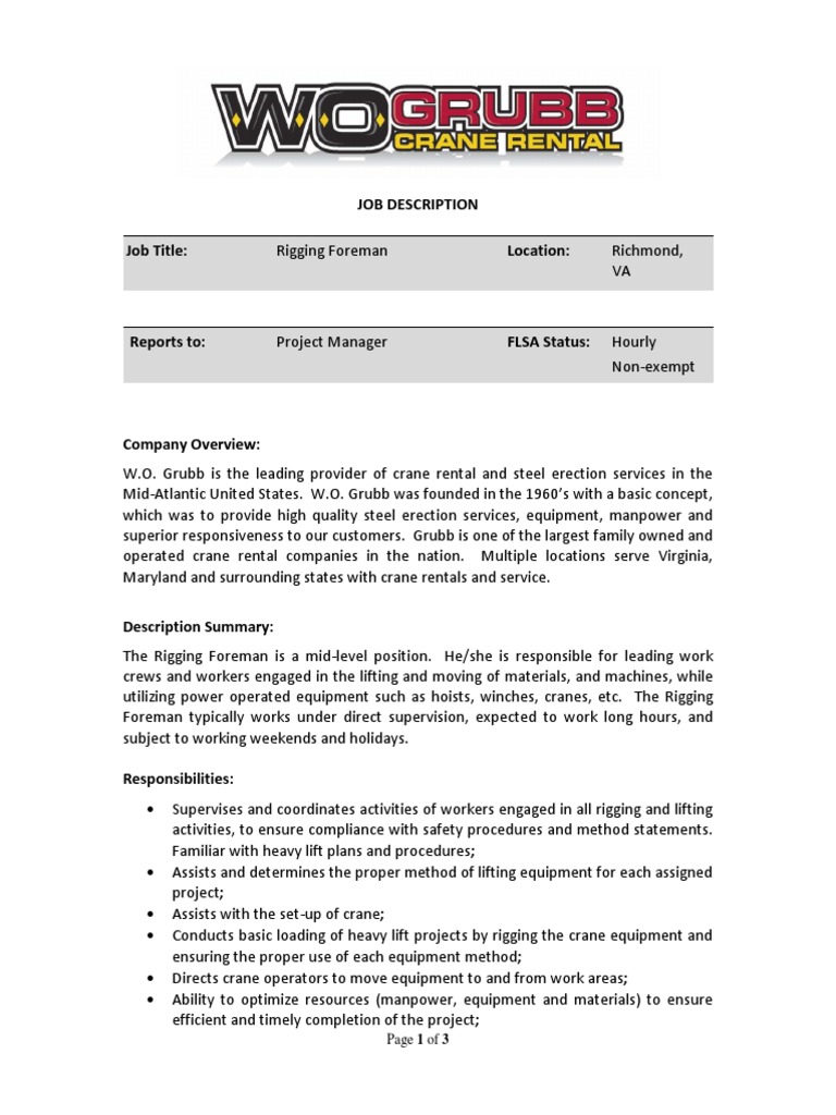 Rigging Foreman Job Description | PDF | Crane (Machine) | Americans ...