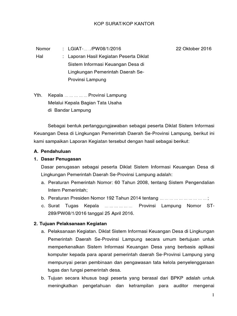 Contoh Penulisan Laporan Kegiatan Laporan Diklat