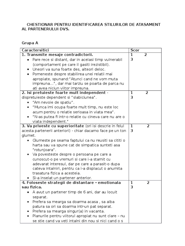 Chestionar Pentru Identificarea Stilurilor de Atasament Al Partenerului ...