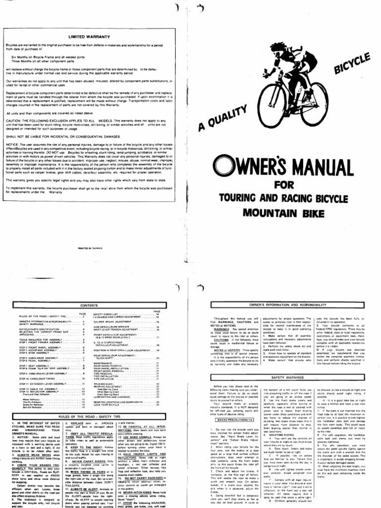 Quality Bicycle Owners Manual.pdf  Road Vehicles  Vehicles