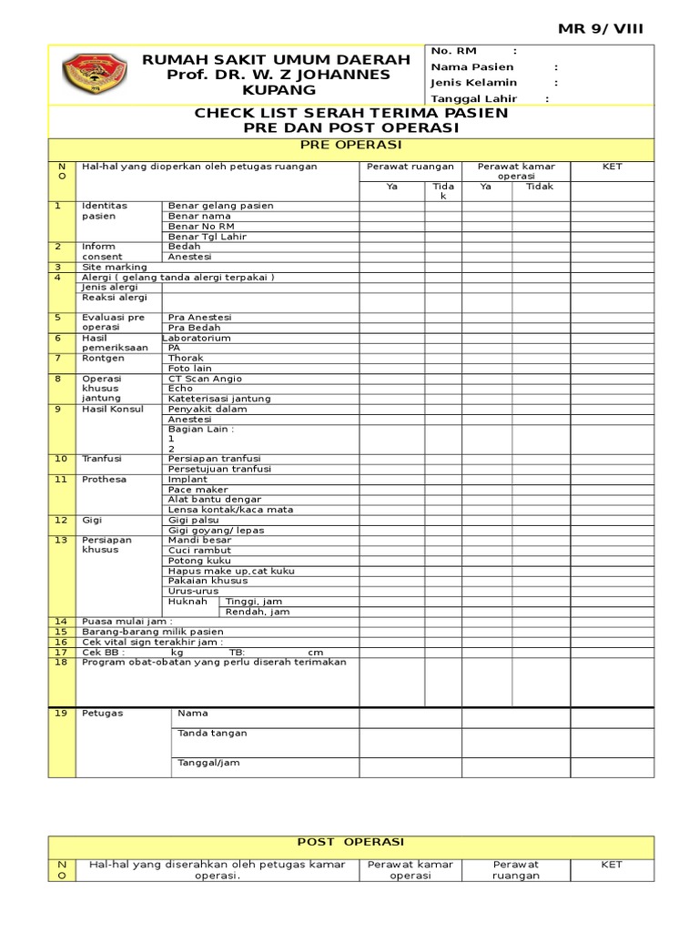 MR 9.viii Check List Serah Terima Pasien Pre & Post Operasi - Pake | PDF