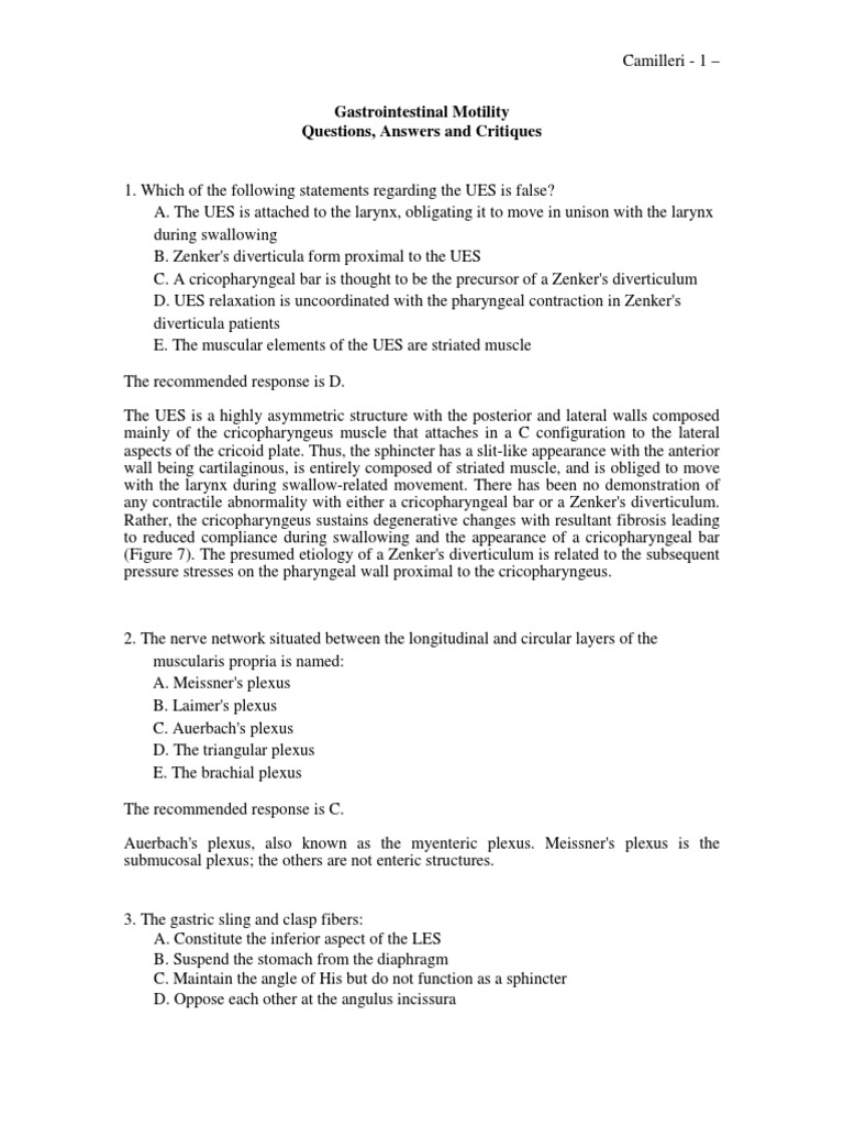 Gastrointestinal Motility Questions, Answers and Critiques | PDF ...