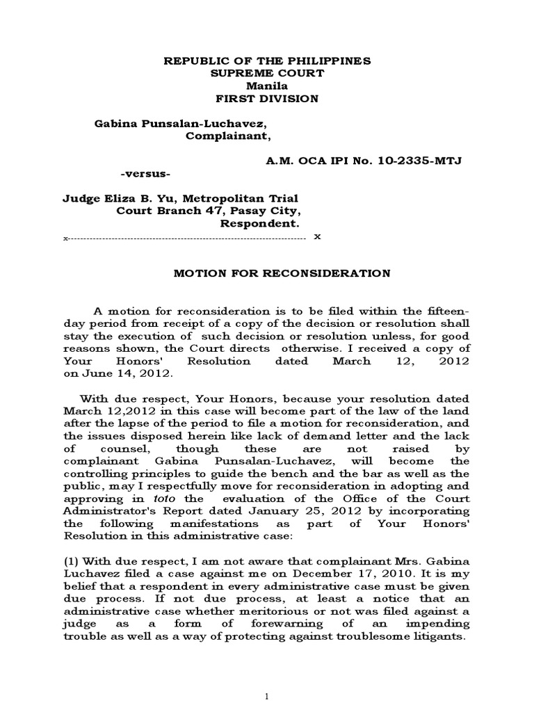 Motion for Reconsideration by Judge Yu | PDF | Right To Counsel | Lawsuit