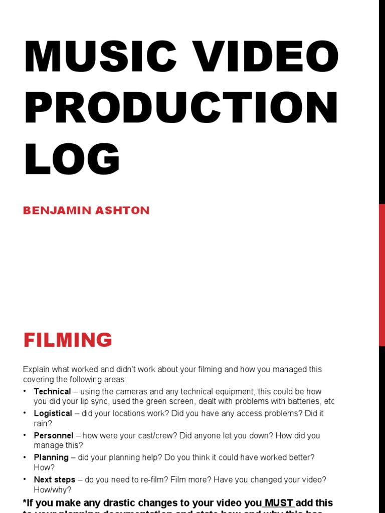 Music Video Production LOG: Benjamin Ashton | PDF | Digital Technology ...