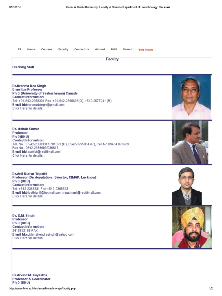 Banaras Hindu University, Faculty of Science, Department of