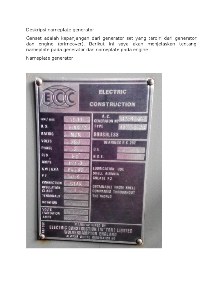Deskripsi Nameplate Generator dan Engine | PDF