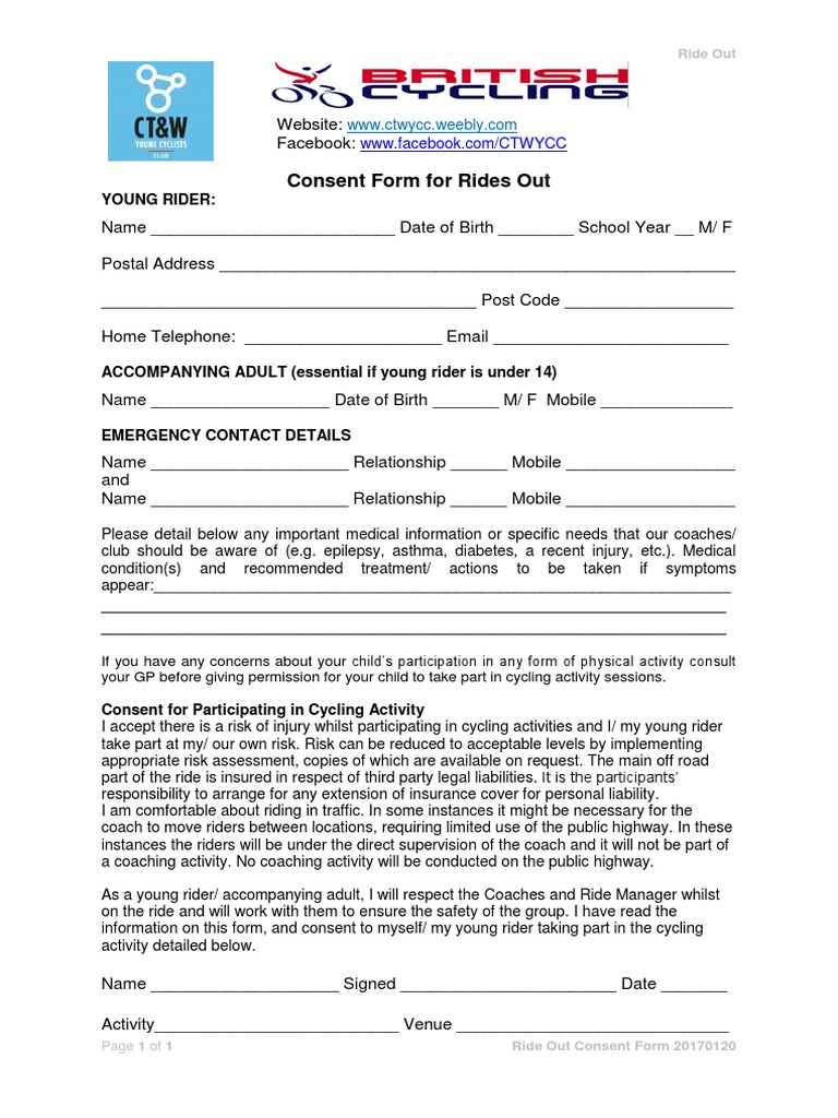 Young Rider Consent for Cycling Activities | PDF