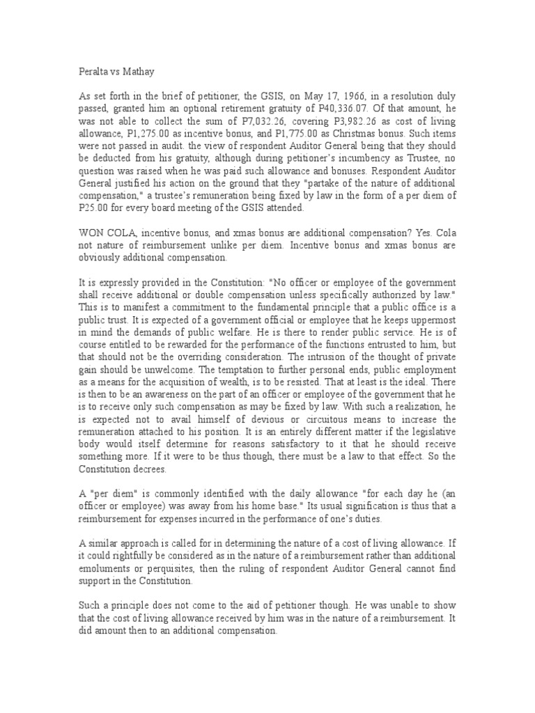 Peralta Vs Mathay PDF Per Diem Employment