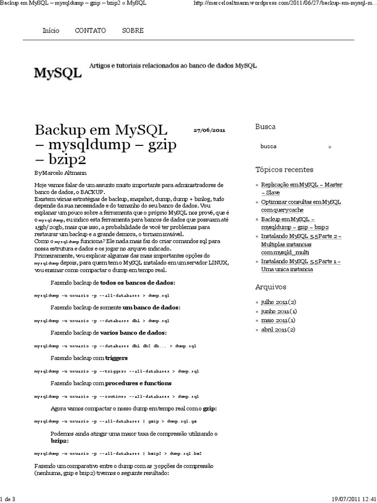 Backup MySQL: mysqldump e gzip | PDF | My Sql | SQL