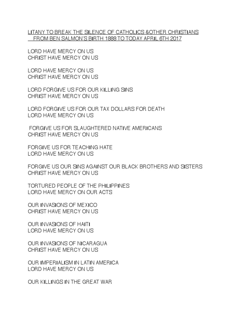 Jack Gilroy's Litany For Peace PDF Mercy Catholic Church