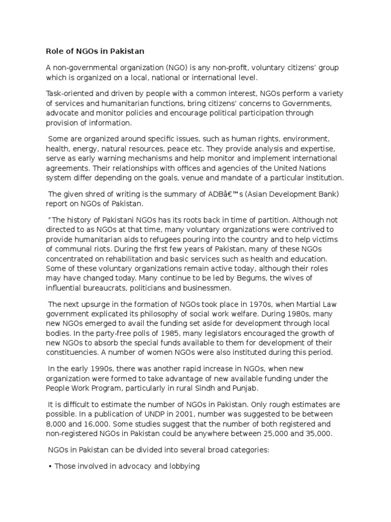 Role of NGOs in Pakistan PDF Non Governmental Organization Women's Rights