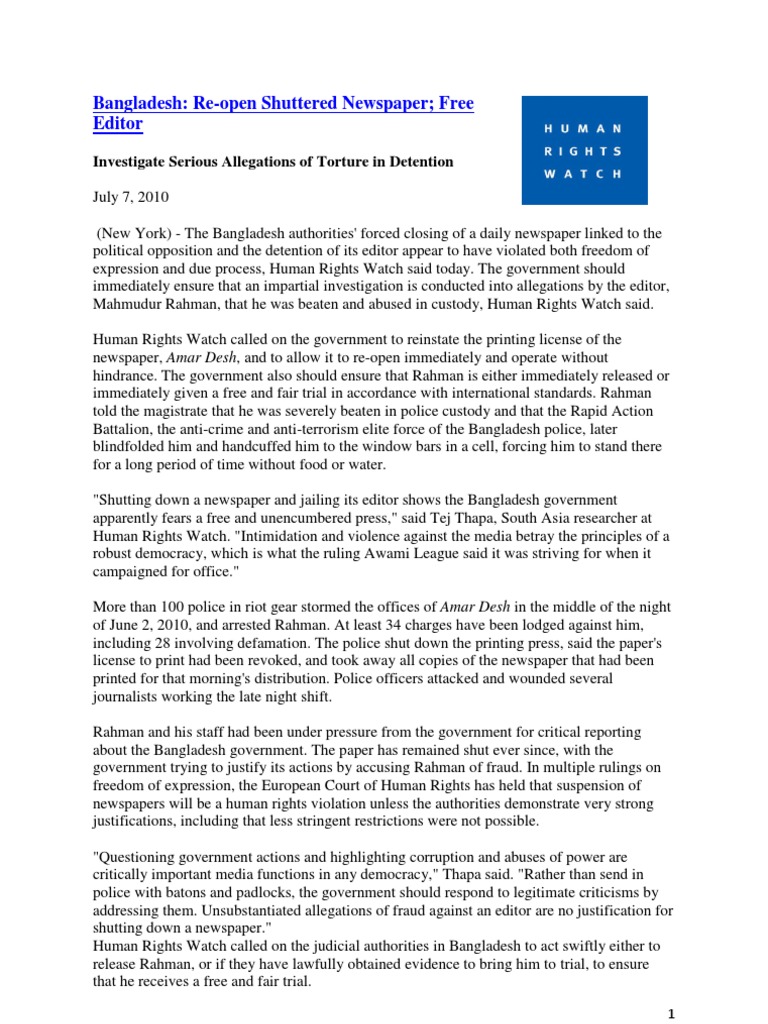 Human Rights Watch Satement 7 July 2010 | PDF | Torture | Government