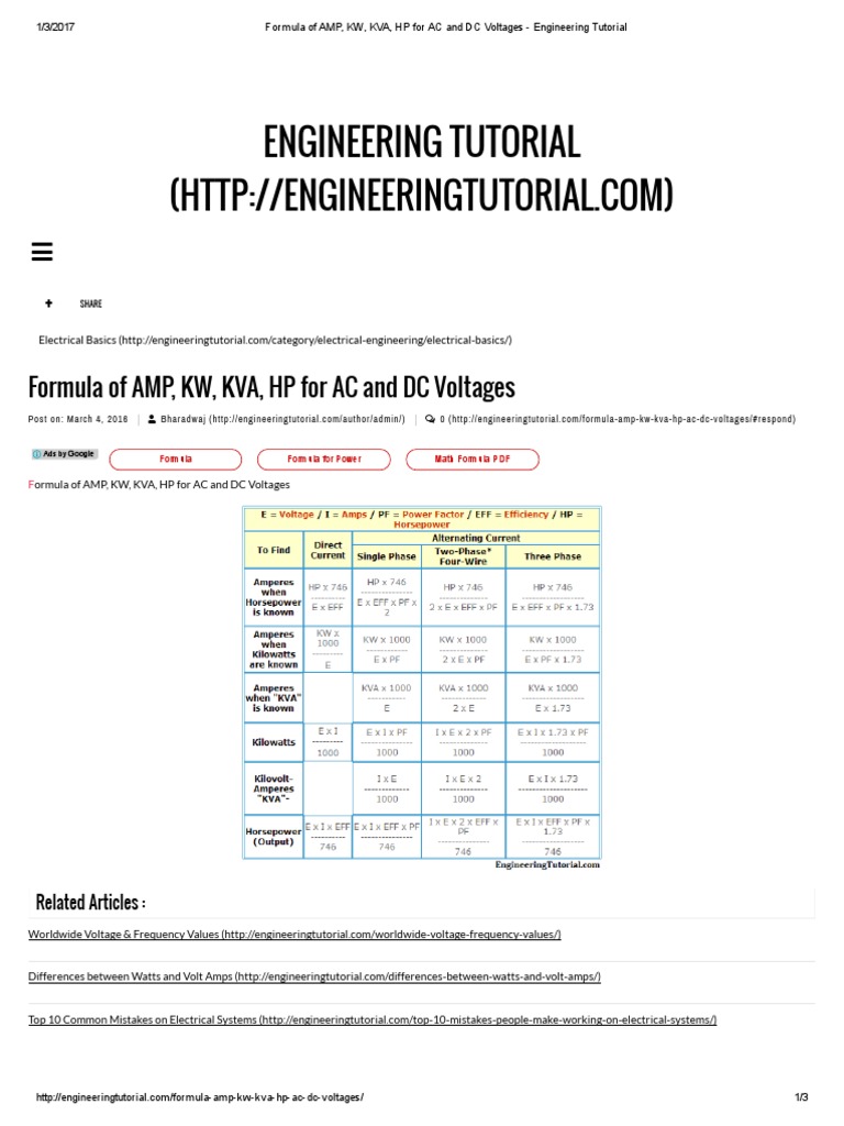 KVA to HP Conversion Formulas | PDF | Alternating Current | Direct Current