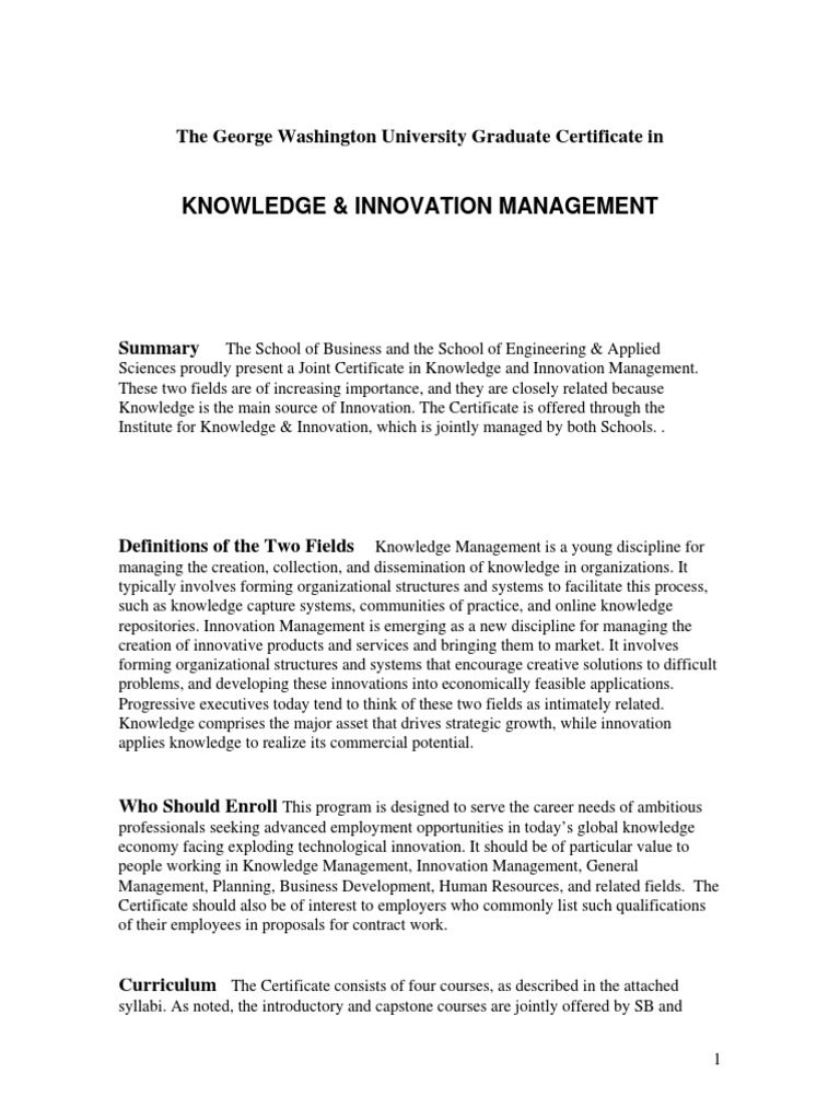 Graduate Certificate In Knowledge Innovation Pdf Innovation