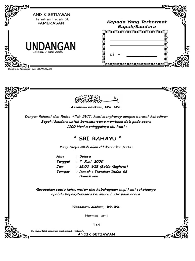 Contoh Undangan Tahlilan 1000 Hari Meninggalnya | PDF
