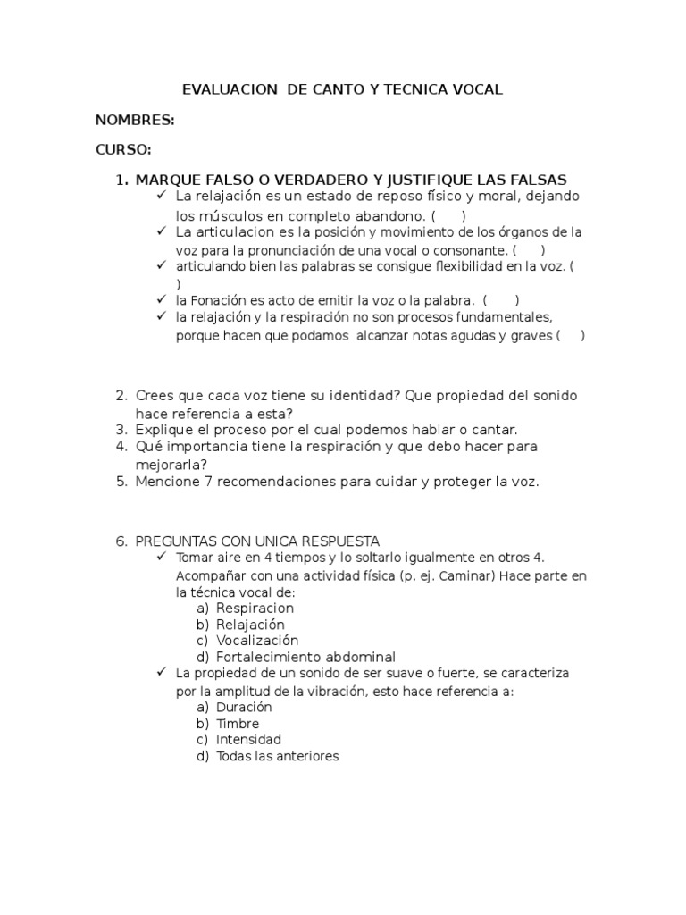 Evaluacion De Canto Y Tecnica Vocal Pdf Canto Sonido