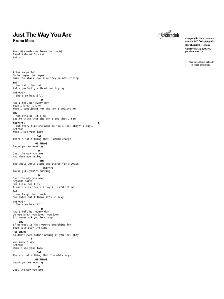 Cifra Club Just The Way You Are Bruno Mars Cifra Com Video Aula Pdf Songs Written Song Recordings Produced