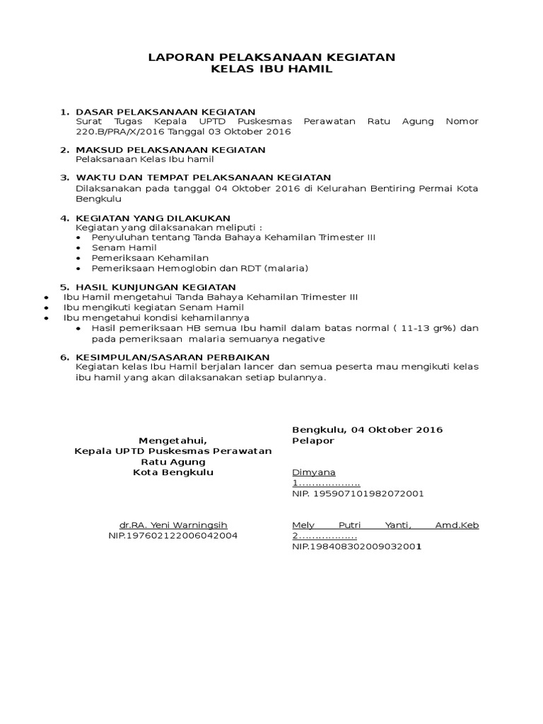 Laporan Pelaksanaan Kegiatan Bok Kelas Ibu Hamil Docx