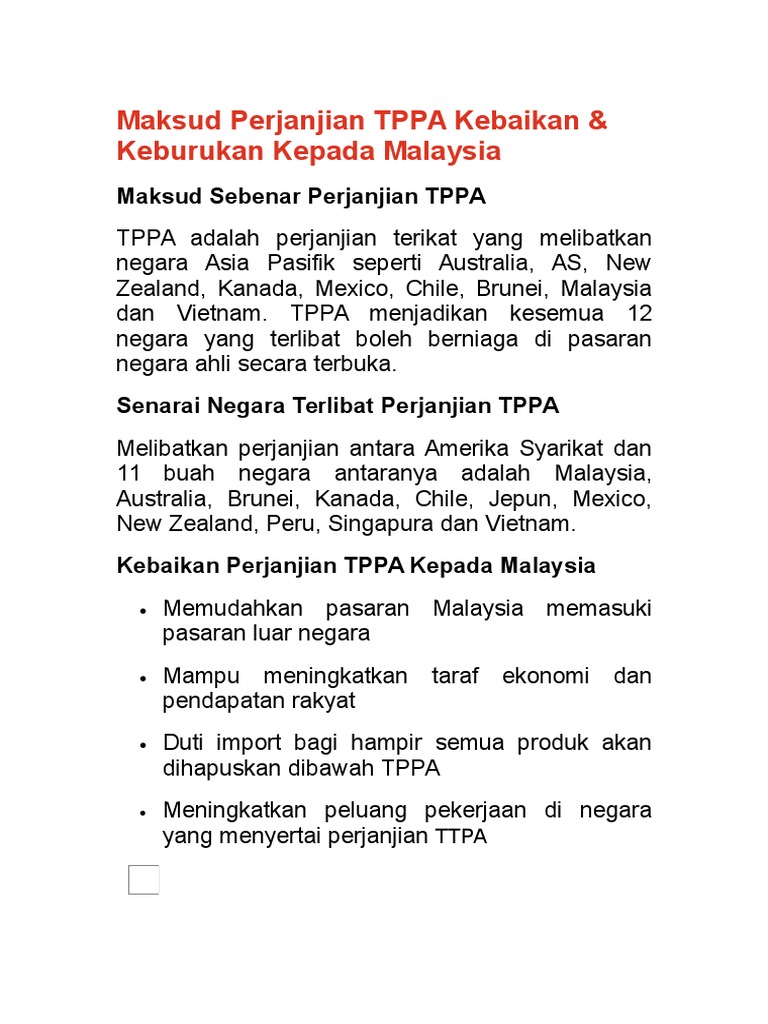 Maksud Perjanjian Tppa Kebaikan Keburukan Kepada Malaysia Pdf