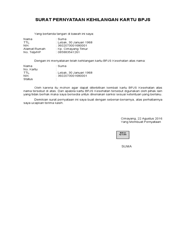 286775903 Surat Pernyataan Kehilangan Kartu Bpjs