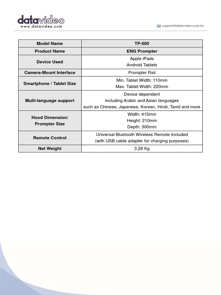 ENG Prompter TP-600 Specs & Features | PDF | Tablet Computer | Mobile ...