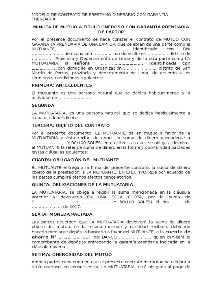 Modelo de Contrato de Prestamo Dinerario Con GARANTÍA