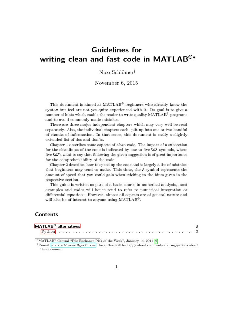 Guidelines For Writing Clean and Fast Code in MATLAB: Nico Schlömer ...