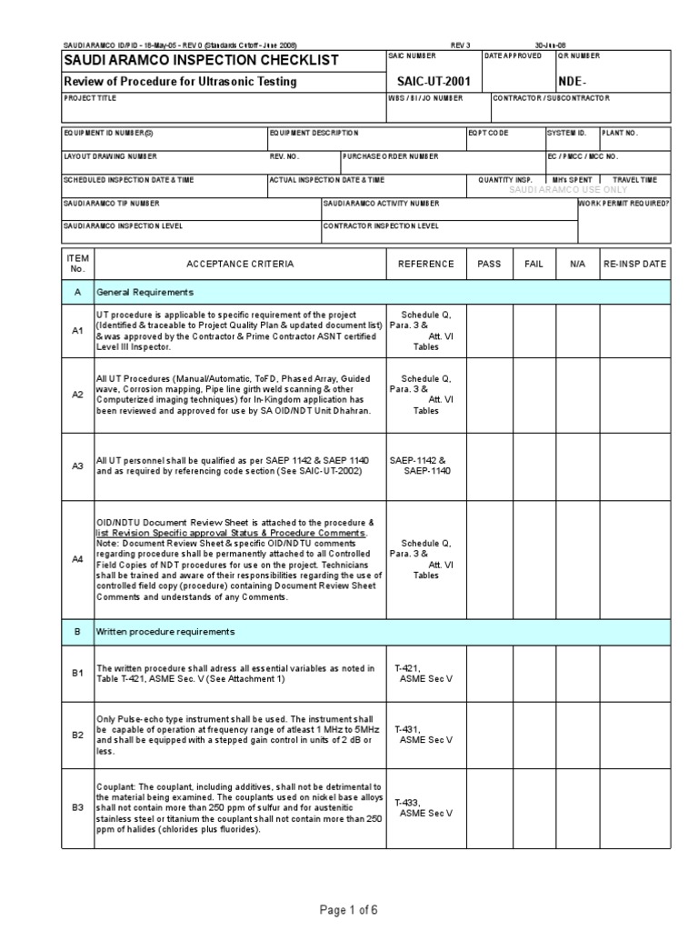 Ultrasonic Testing Procedure Checklist | PDF | Calibration | Nature