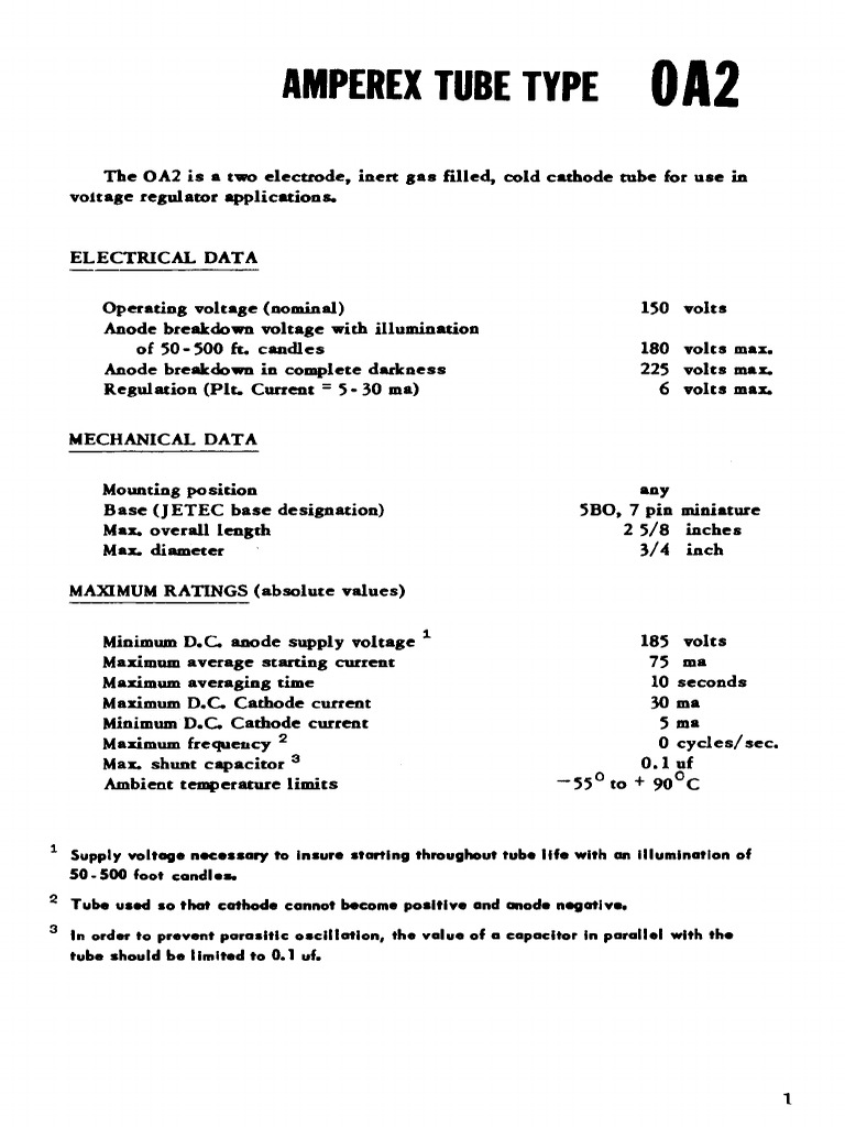 0A2 (Amperex) Vacuum Tube Datasheet