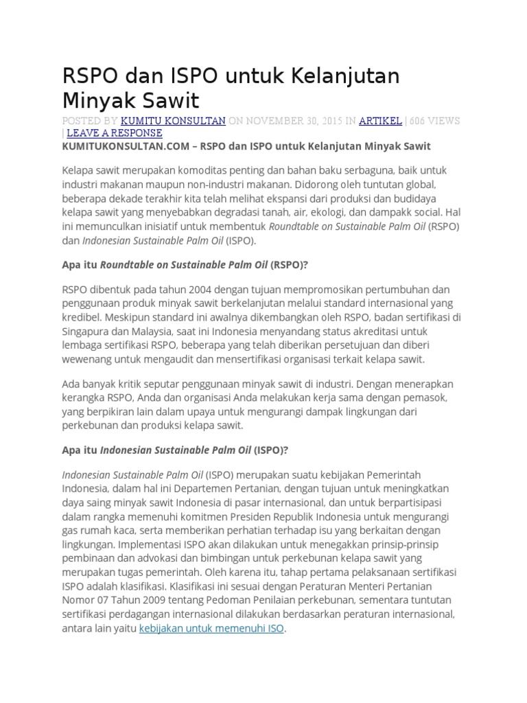 RSPO dan ISPO untuk Minyak Sawit Berkelanjutan | PDF