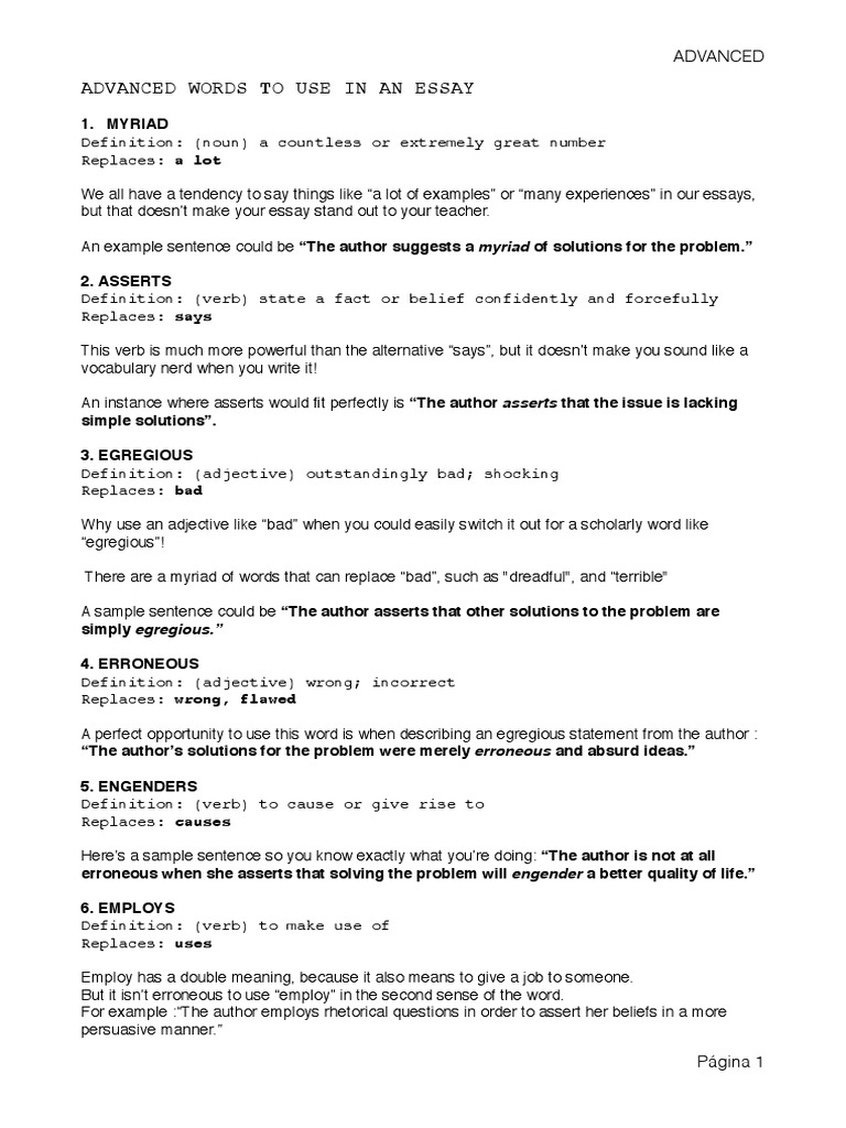 Advanced Words To Use in An Essay | PDF | Definition | Adjective