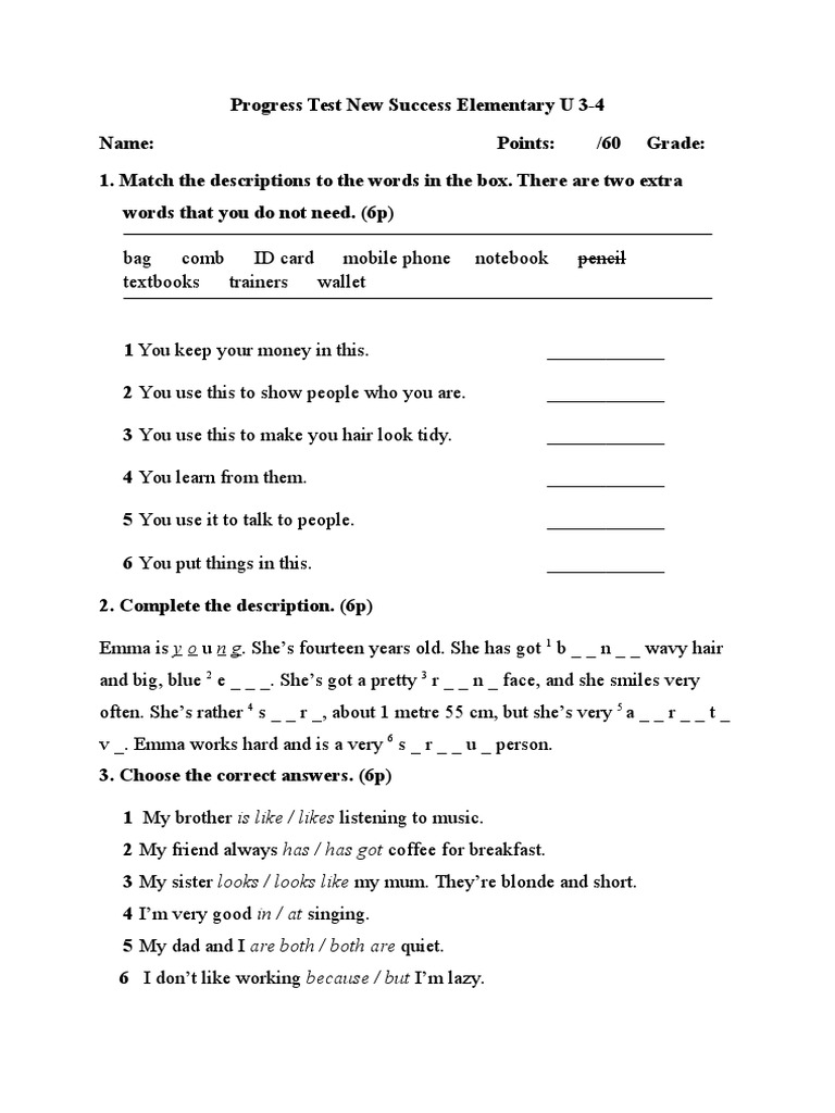 Progress Test for New Success Elementary | PDF