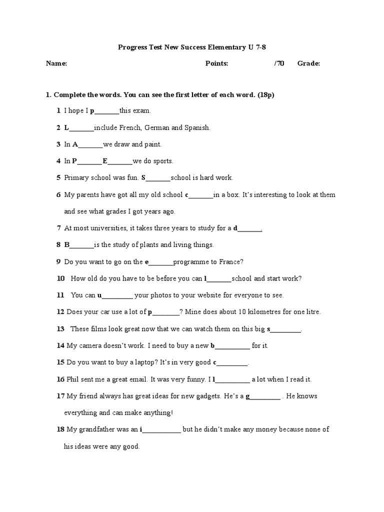 Progress Test for New Success Elementary | PDF | Leisure