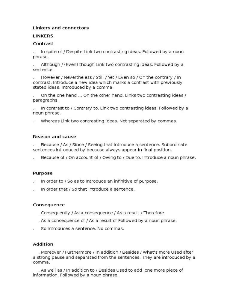 Linkers and Connectors | PDF | Phrase | Comma