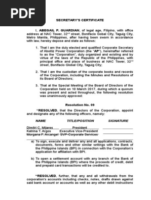 Secretary's Certificate of Board Resolution on Bank Signatories 