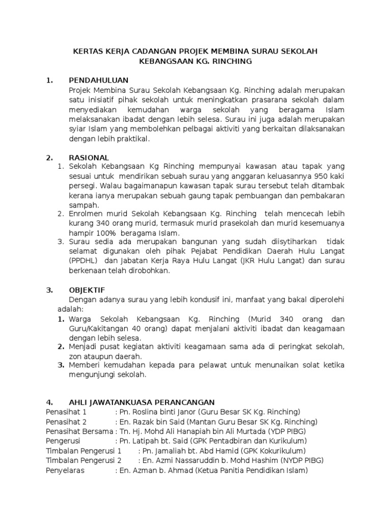 Kertas Kerja Cadangan Projek Membina Surau Skkr